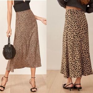 Reformation Bea Midi Skirt Leopard Print | Brown Tan Print Satin Slip Skirt-  2P